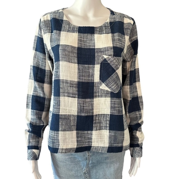 Cloth & Stone Plaid Linen Blend Long Sleeve Blouse Back button detail Women's  S - Picture 4 of 16